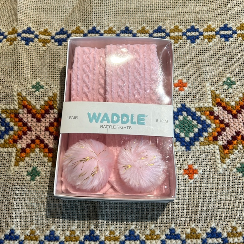 Waddle & Friends Pink Pom Pom Toe Rattle Tights 6-12 months  Baby Gift